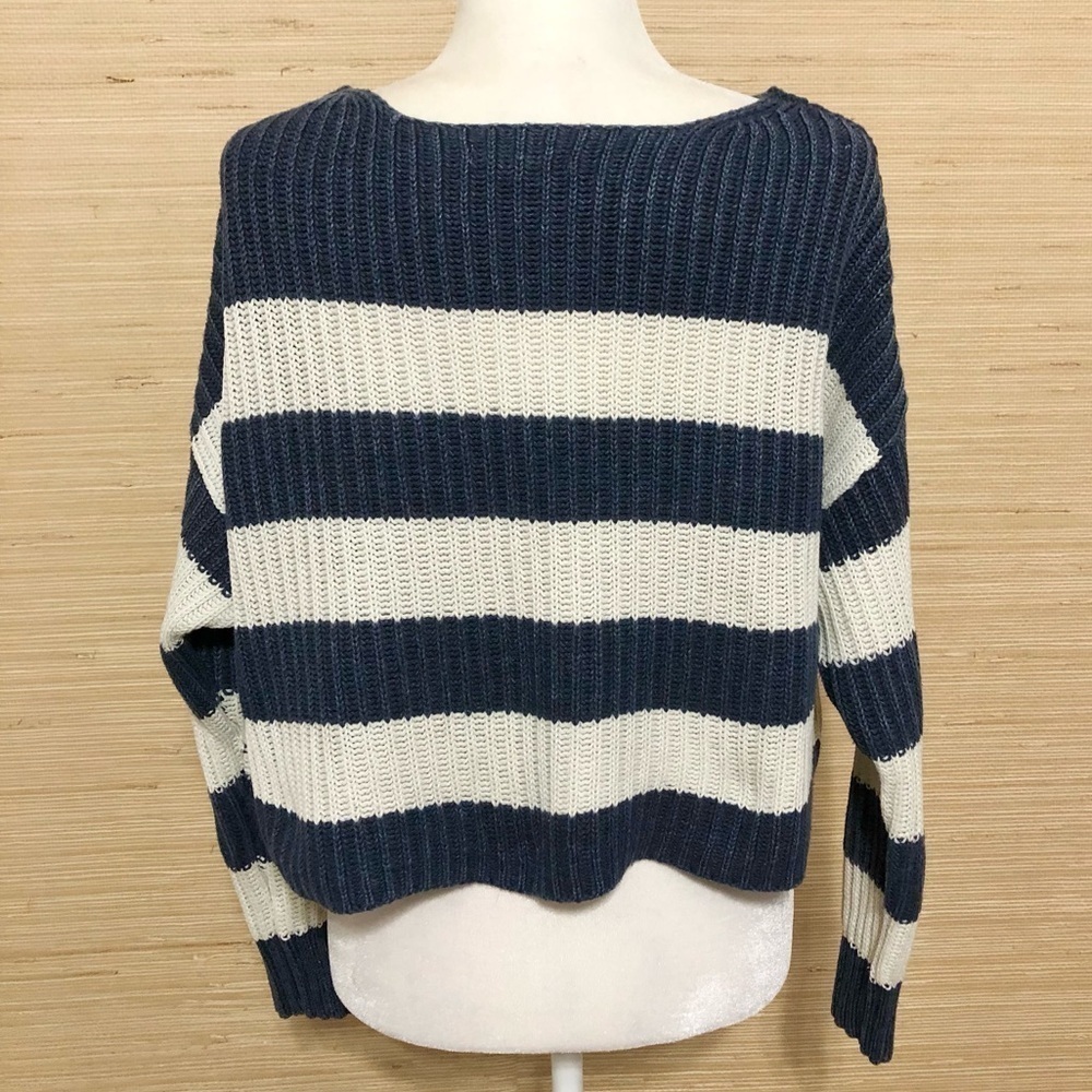 American Eagle Blue Striped Cropped Oversized Henley Knit Sweater Women's Small - Picture 6 of 8